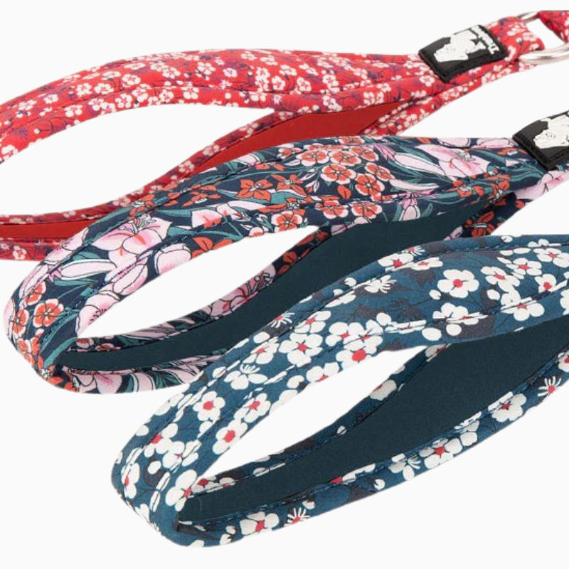 Blått blommigt hundkoppel - med extra handtag