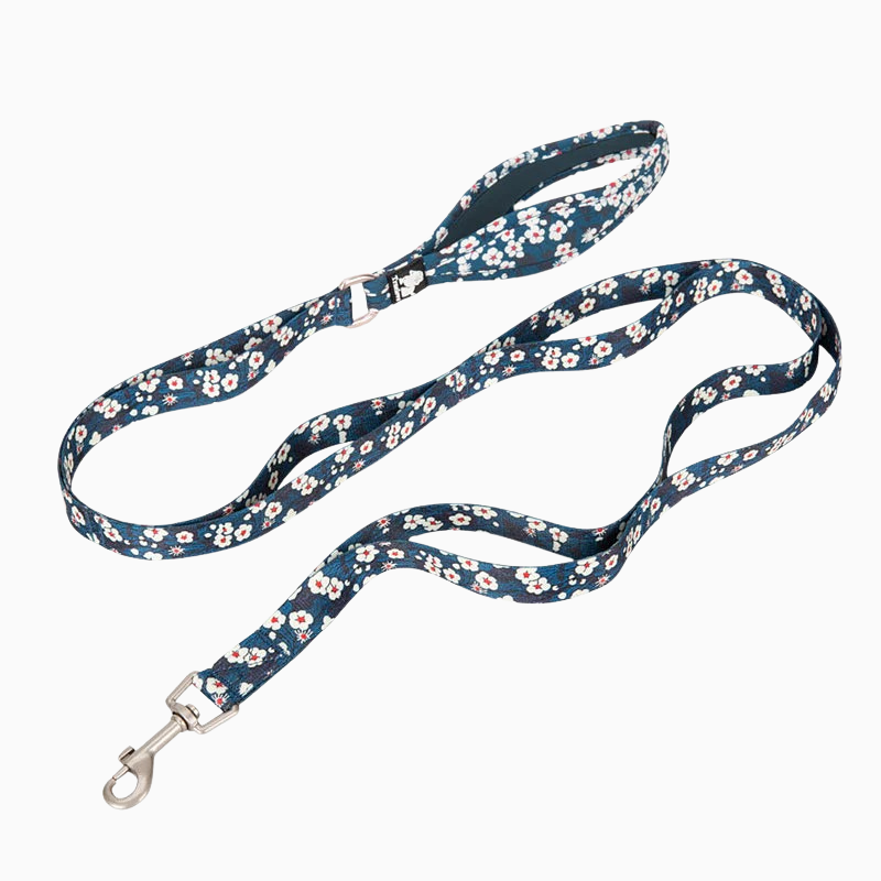 Blått blommigt hundkoppel - med extra handtag