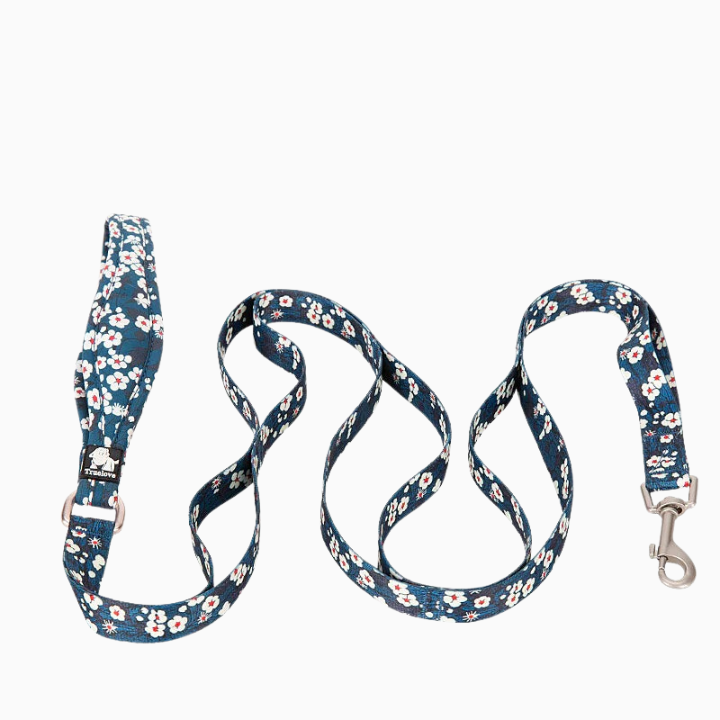 Blått blommigt hundkoppel - med extra handtag